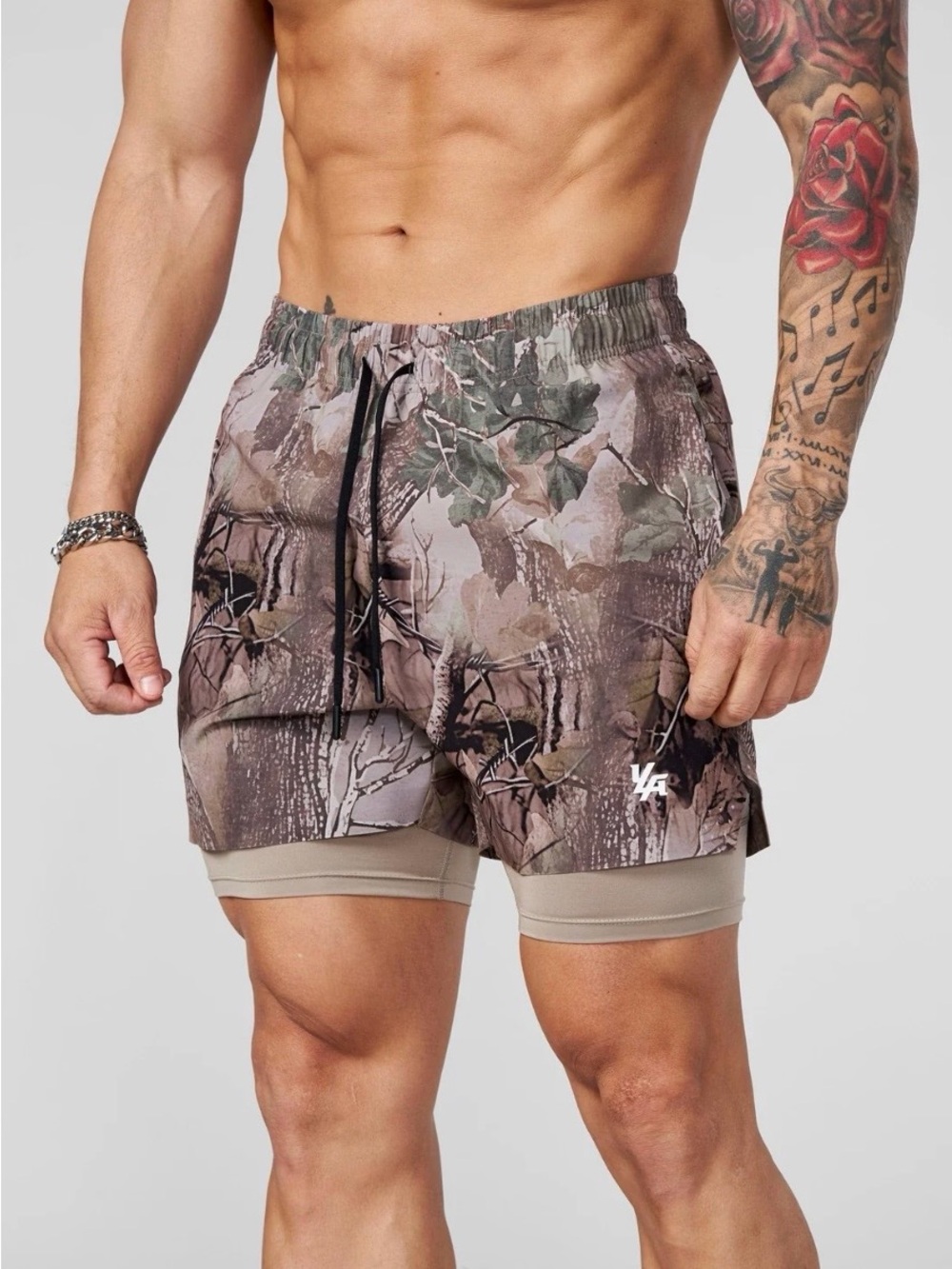 YoungLA Men's Camo Performance Shorts with Liner Compression - Brown/Green NEW